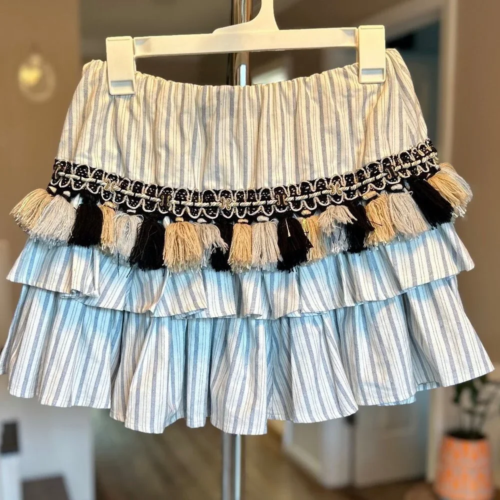 Caroline Constas Pinstripe Tiered Mini Skirt with Tassel Detail Womens Sz Small